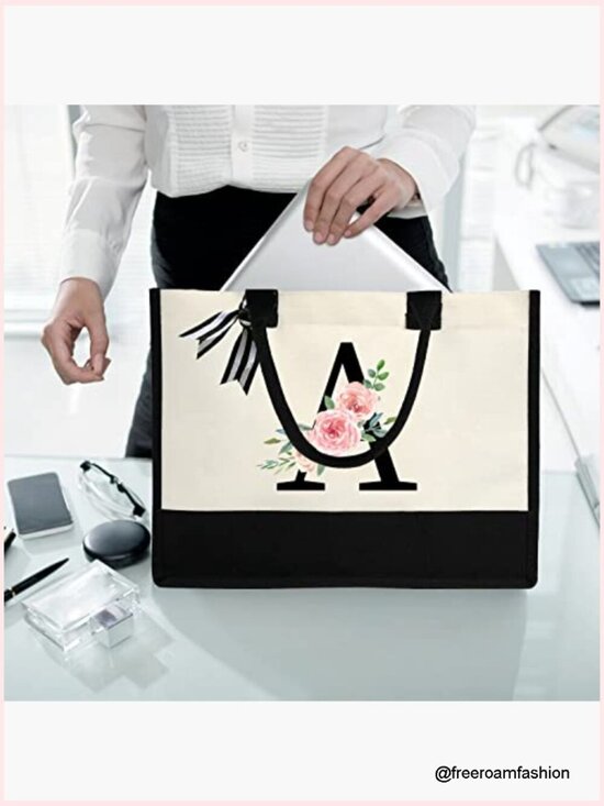 Handbags - Personalized Initial Canvas Tote Bag with Zipper Pocket for Travel & Beach